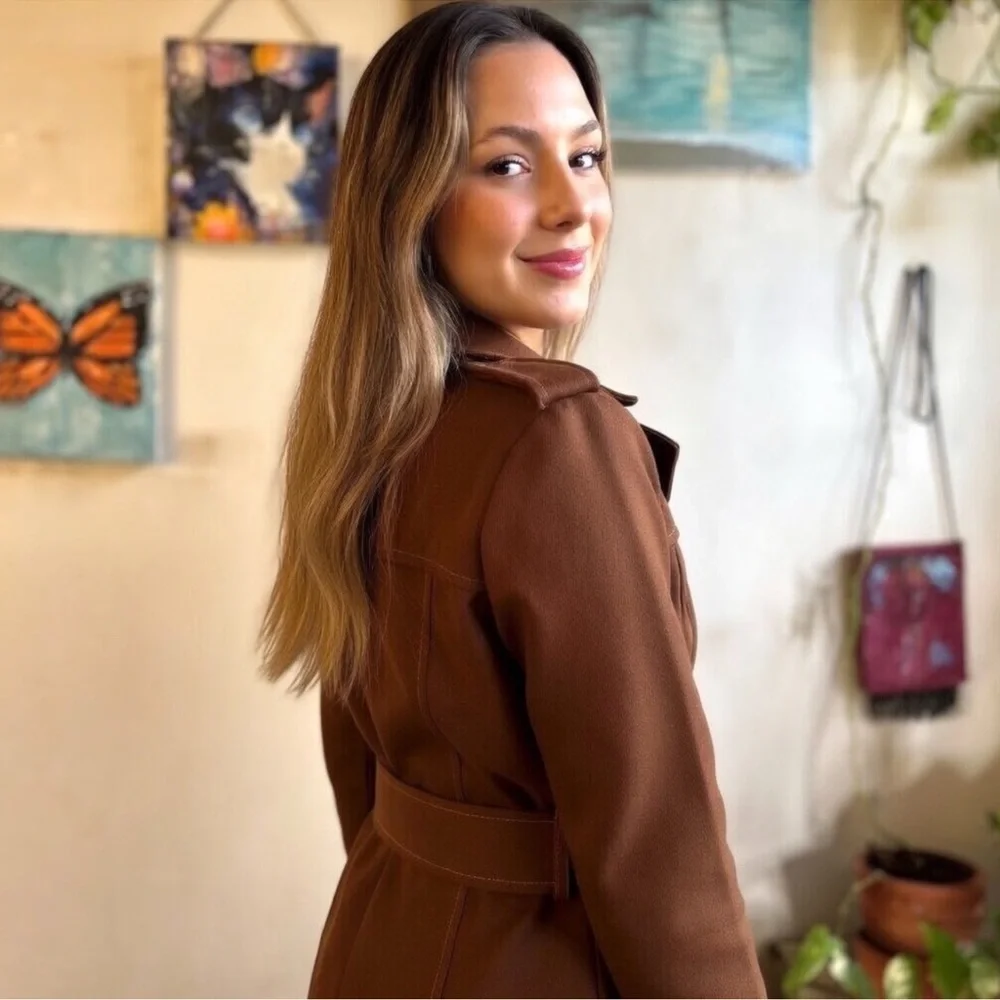 American Vintage Brown Double-Breasted Belted Trench Coat - Picture 5 of 12